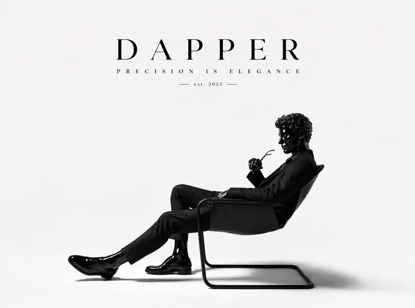 Dapper editorial figure seated in a sculptural chair