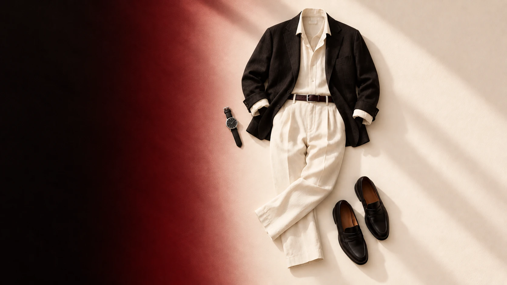 Black blazer, ivory shirt and relaxed ivory trousers arranged as an everyday look